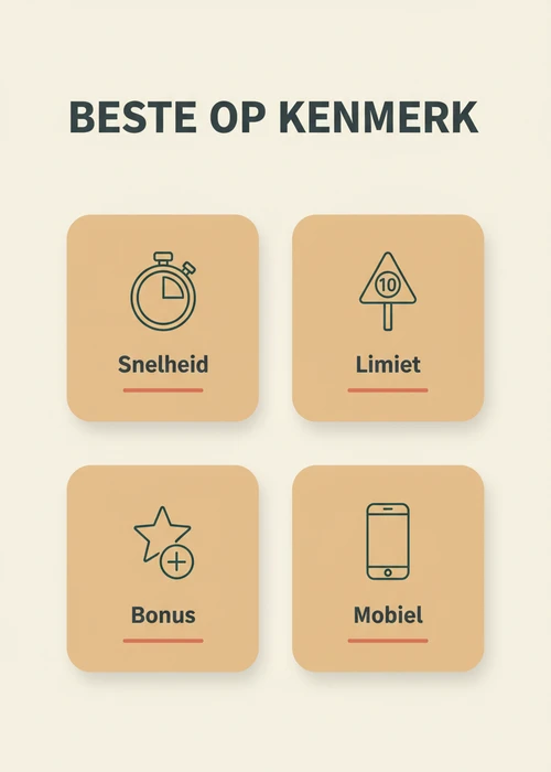 Beste bankoverschrijving casino op kenmerk: snelheid, limiet, bonus en mobiel als feature-badges.