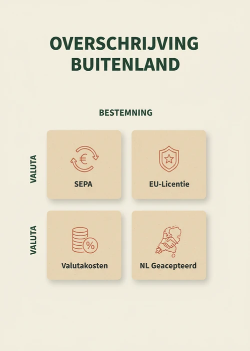 Bankoverschrijving naar het buitenland in een kwadrant: SEPA, EU-licentie, valutakosten en NL geaccepteerd.